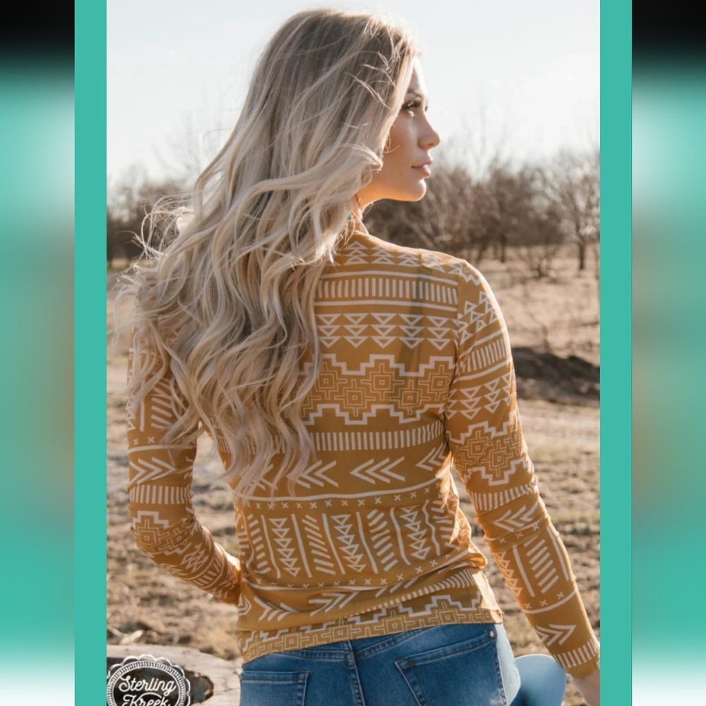 Sterling Kreek Sunrise Mountain Mesh Long Sleeve Western Top Mustard Sz Medium - Picture 2 of 9